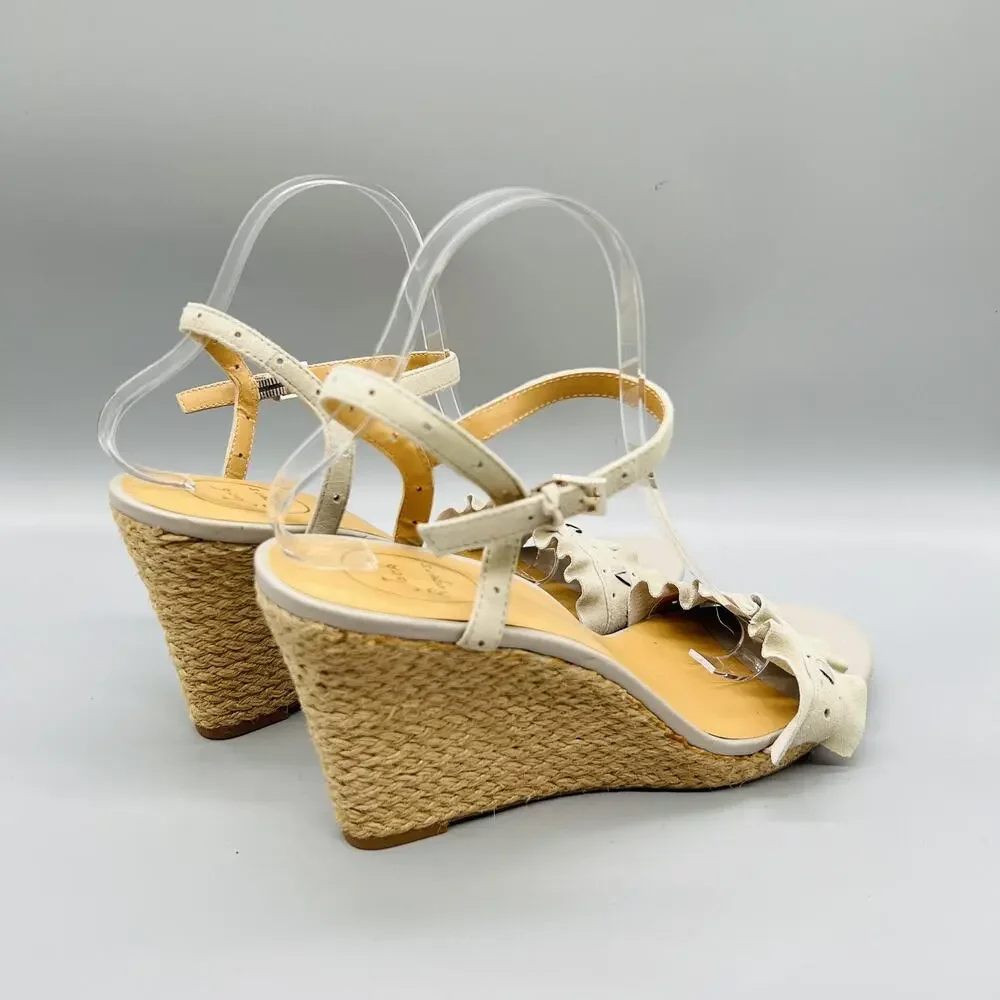 Jack Rogers Sandals Womens 10 Gray Suede Ankle Ruffle Espadrille Wedge Shoes